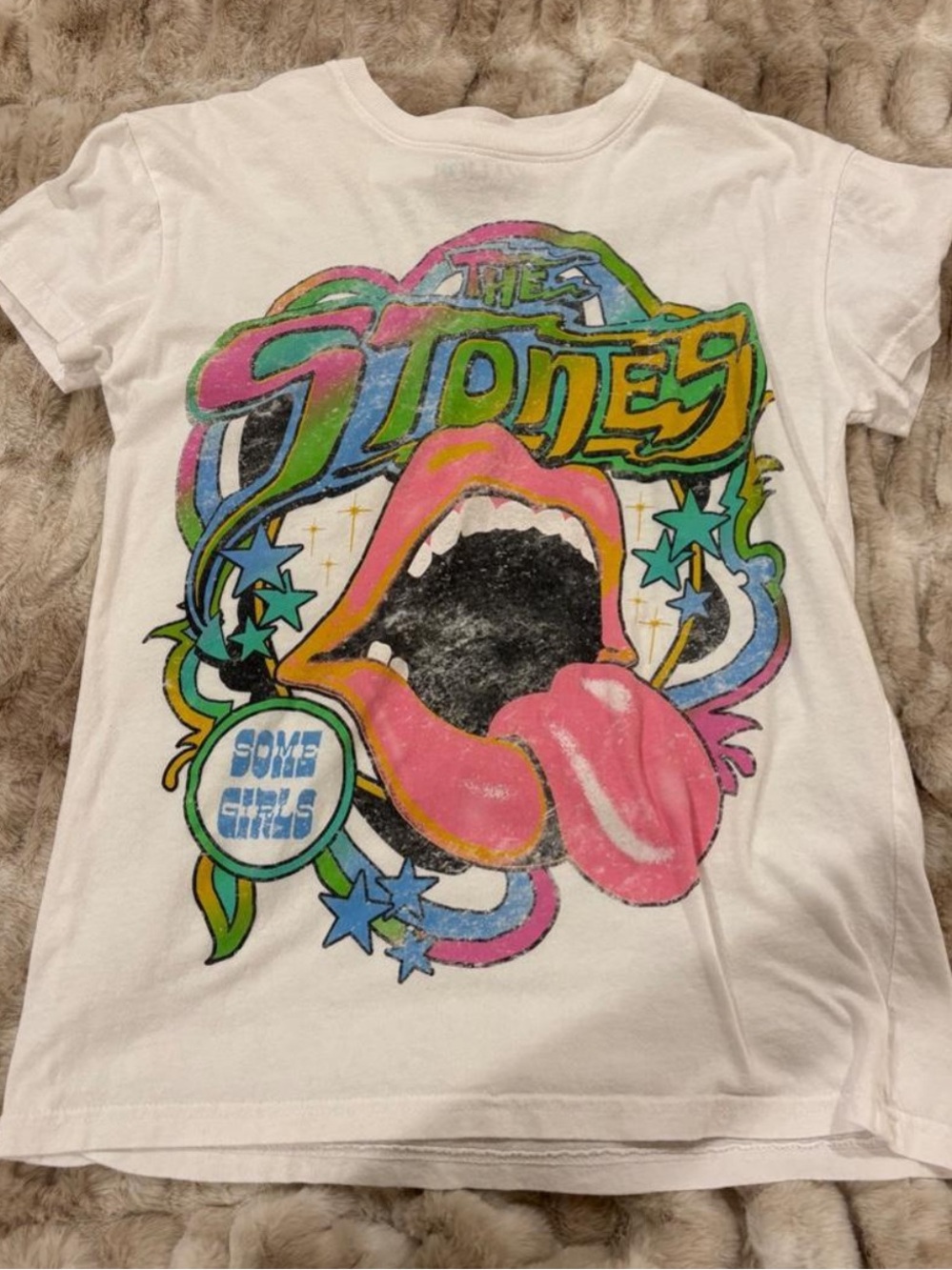 the Rolling Stones White Tee with Pink Tongue and Green Yellow Graphic